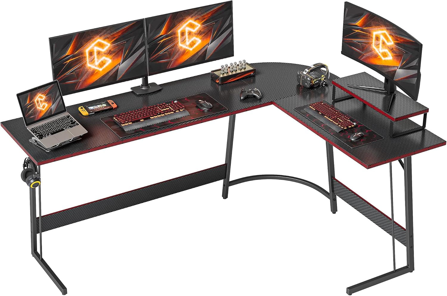 DESINO L-Shaped Desk, 67 Inches Gaming Desk, Corner Computer Desk with Removable Monitor Stand, Writing Workstation, Black Carbon Fiber