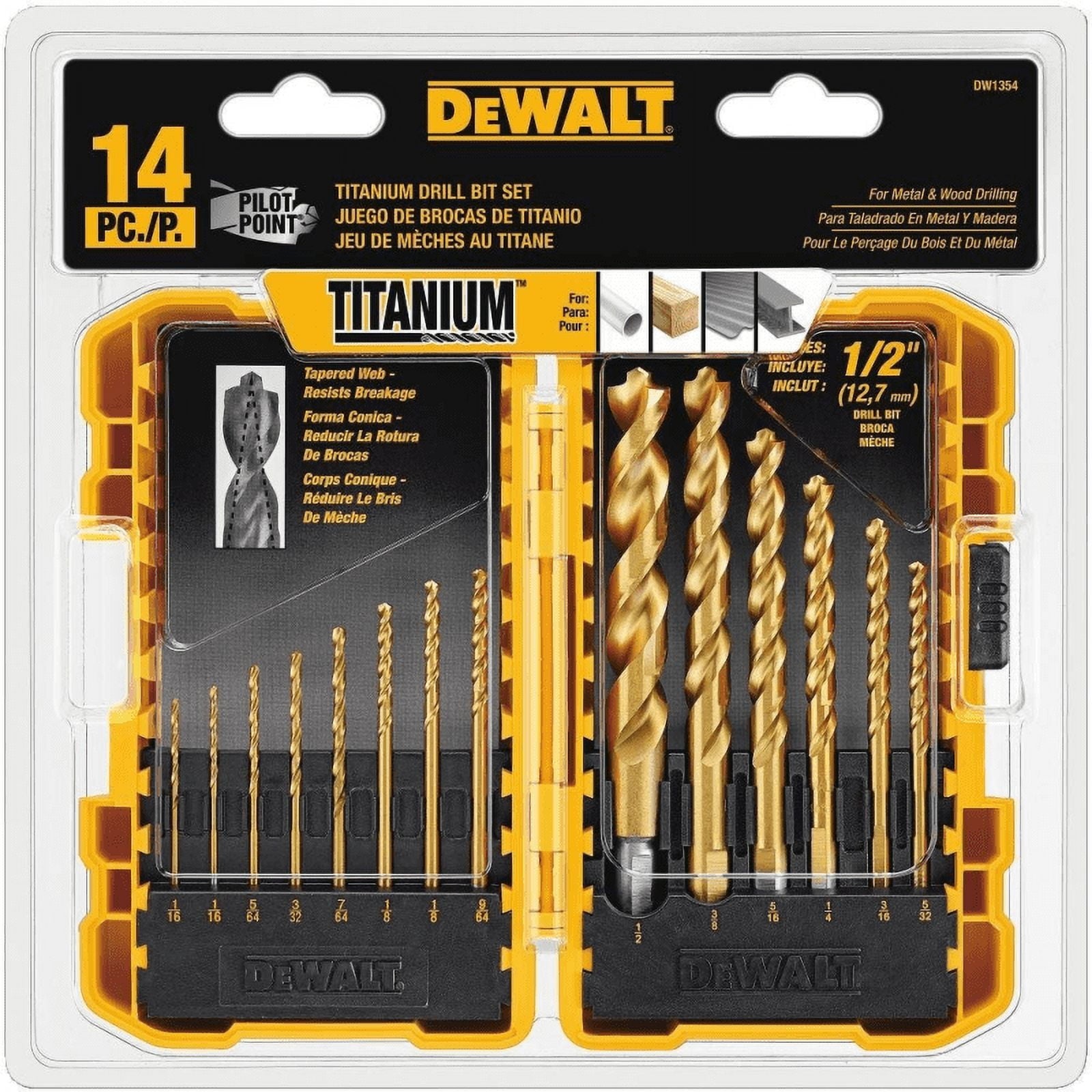 DEWALT DW1354 14-Piece Titanium Pilot Point Drill Bit Set