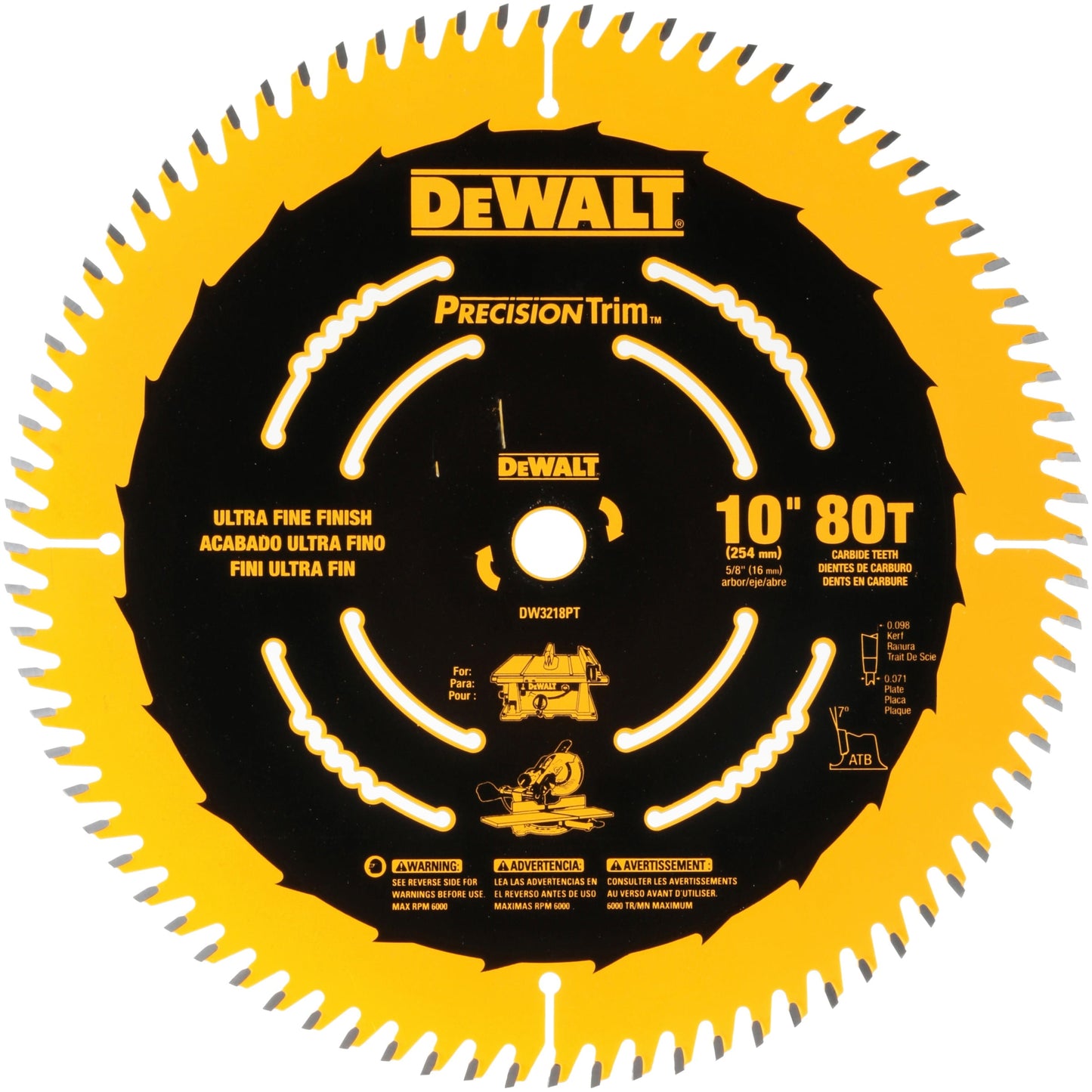 DEWALT DW3218PT 10-Inch 80 Tooth ATB Crosscutting Saw Blade with 5/8-Inch Arbor and Tough Coat Finish