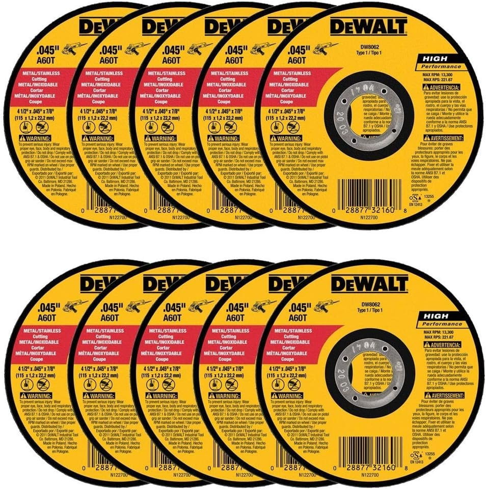 DEWALT DW8062 A60T 4-1/2" x 0.045" x 7/8" Metal Angle Grinder Thin Cutoff Wheel, Pack of 10