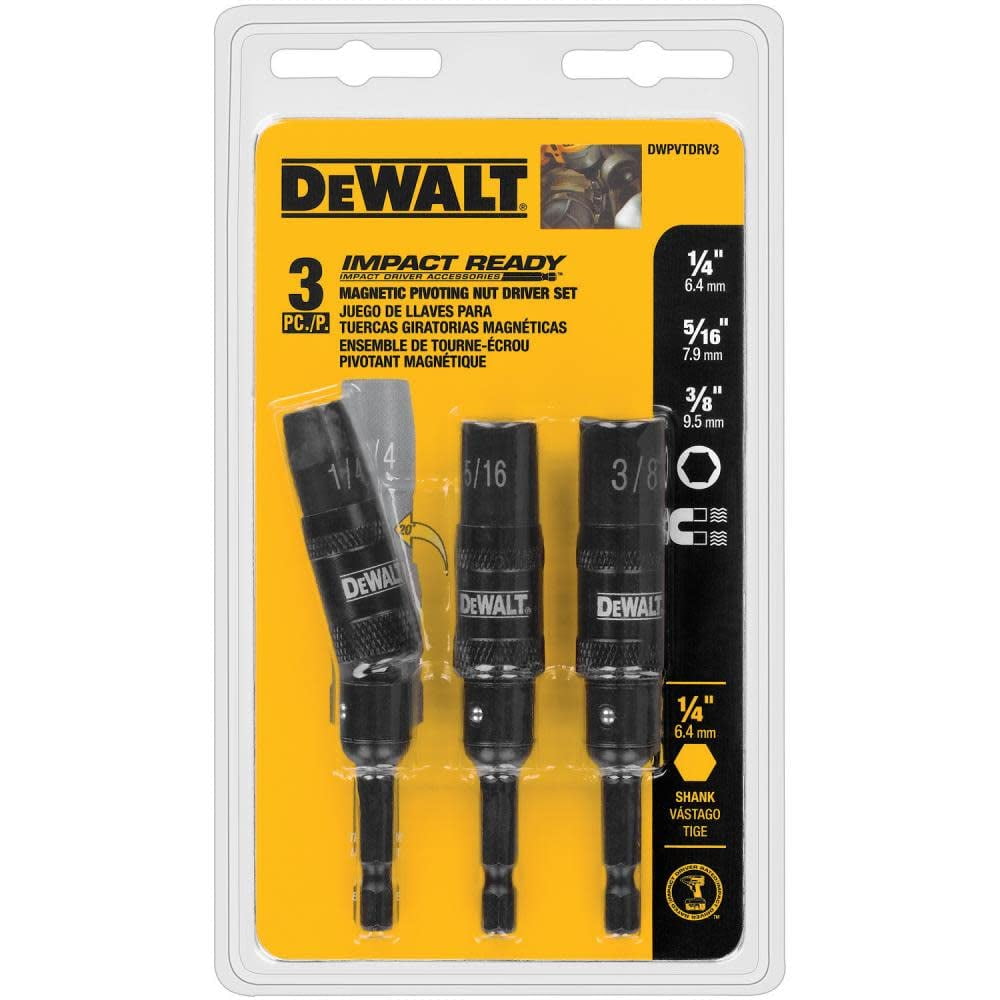 DEWALT Nut Driver Set, Impact-Ready, Pivoting, 3-Piece (DWPVTDRV3), Black