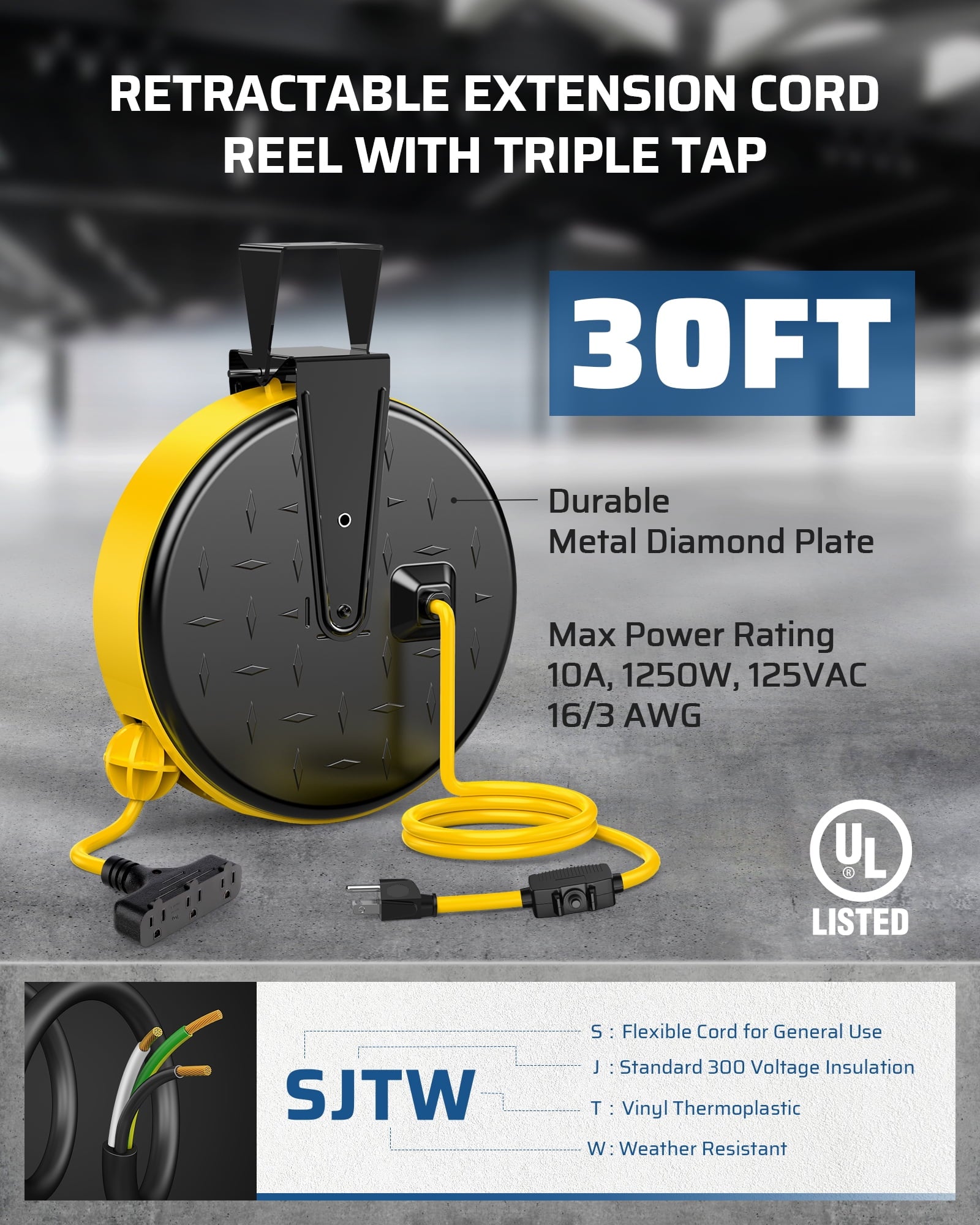 DEWENWILS 30 Ft Retractable Extension Cord, 16/3 Gauge SJTW Power Cord Reel with 3 Outlets Triple Tap