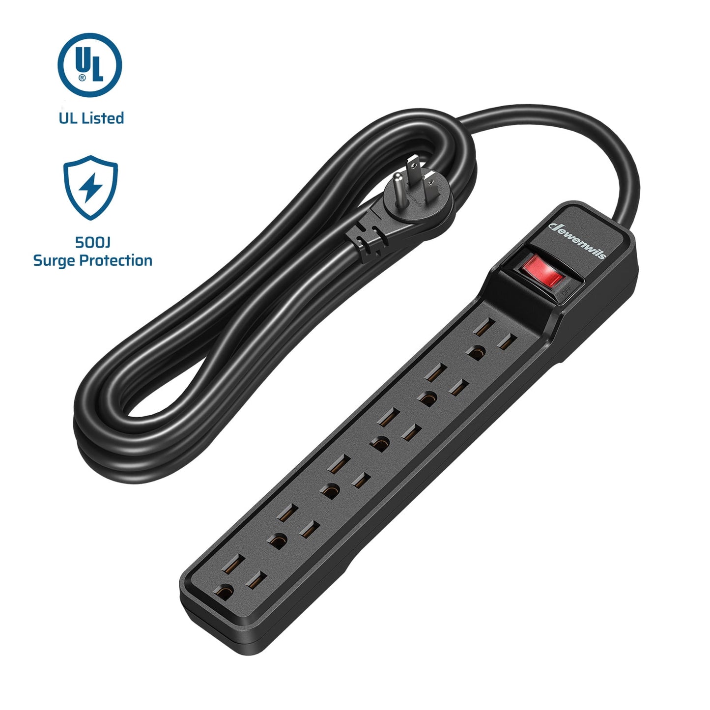 DEWENWILS 6-Outlet Surge Protector Power Strip with 25ft Long Power Cord, Low Profile Flat Plug, 500 J, Black