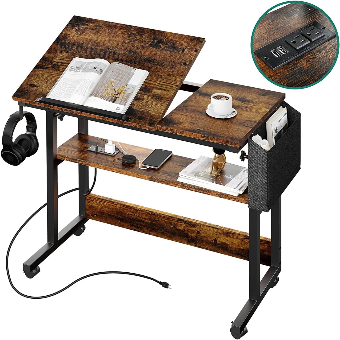 DEXTRUS Rolling Laptop Table with Charging Station, Height Adjustable Standing Computer Desk with Tiltable Tabletop & Storage Bag