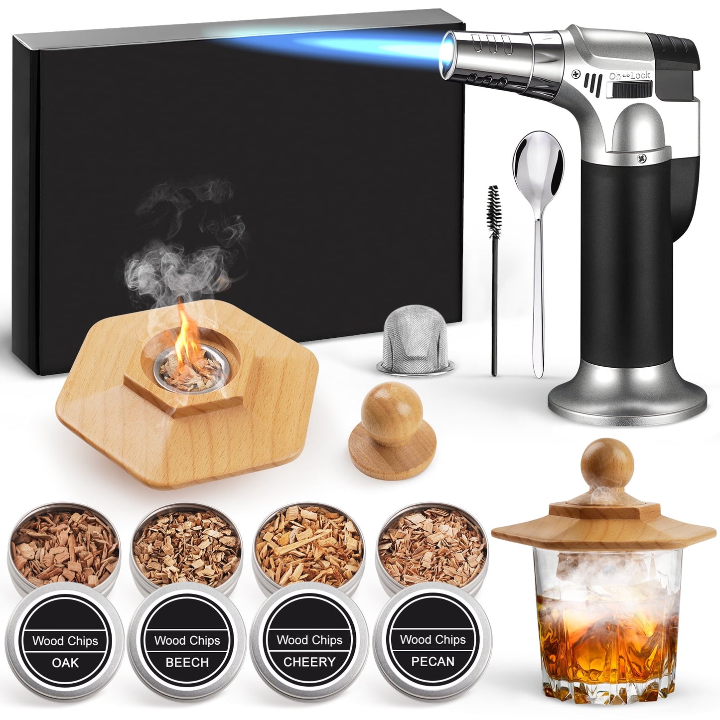 DOMETOUR Whiskey Smoker Kit with Torch, Cocktail Smoker Kit with 4 Flavors Wood Chips, Gifts for Men Dad Husband Boyfriend, Old Fashioned Bourbon Drink Smoker Infuser Kit, Black