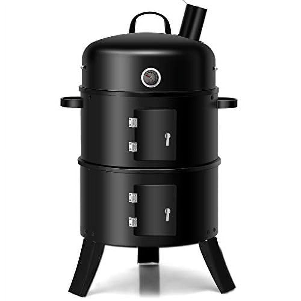 DORTALA 3 in 1 Round Charcoal Smoker, 16’’ Portable BBQ Vertical Smoker w/Thermometer, Hangers,Charcoal Smoker for Grilling, Camping, Black