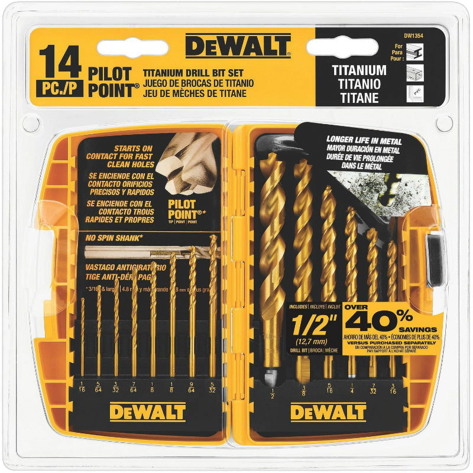 DeWalt DW1354 Titanium Pilot Point Drill Bit Set, 14-Piece, Each