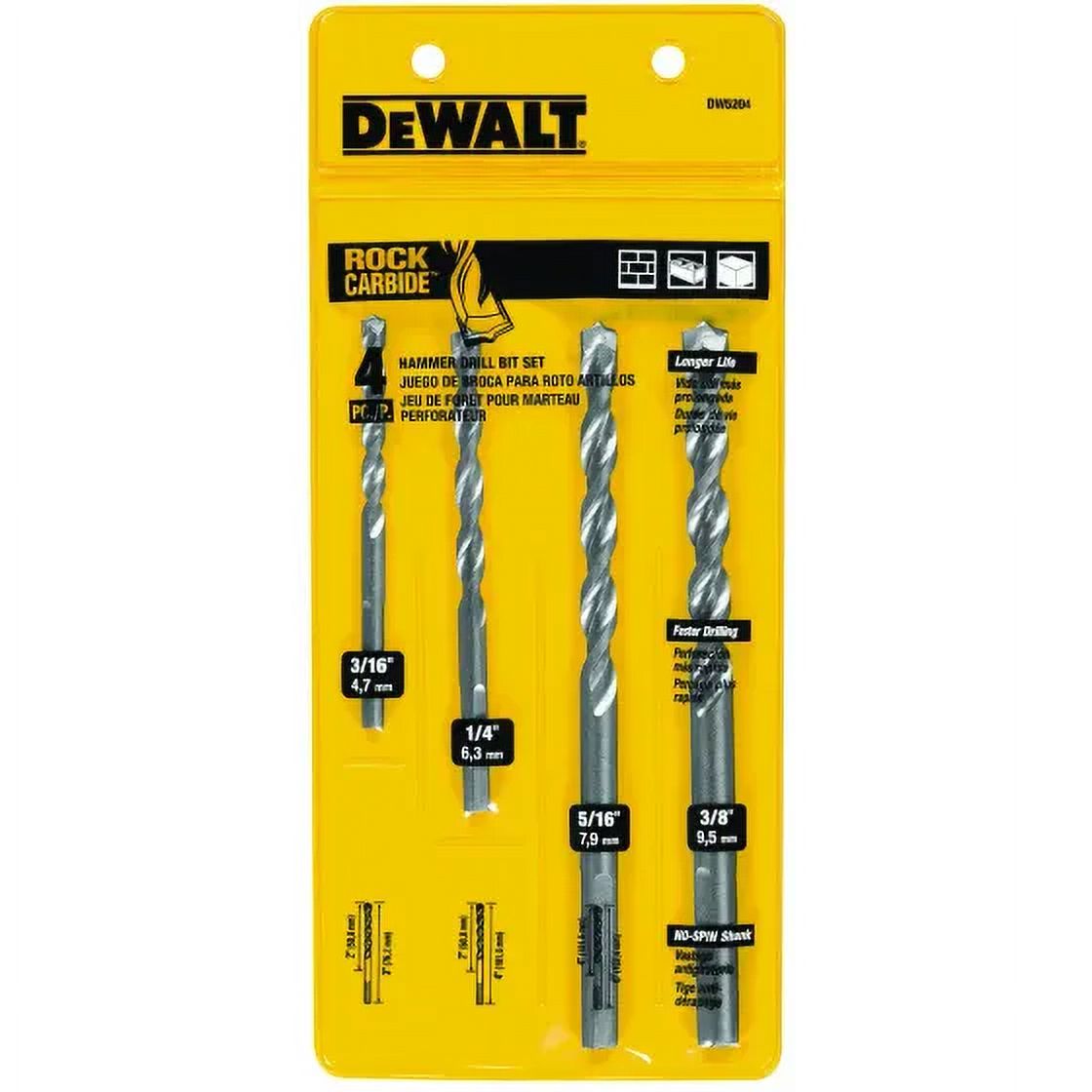 DeWalt DW5204 4 Piece Premium Percussion Masonry Bit Set, Each