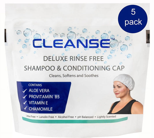 Deluxe Rinse Free Shampoo and Conditioning Cap - 5 Pack - Waterless Shampoo and Conditioning Shower Cap - pH Balanced - Aloe Vera - Provitamin B5 - No Water Wash - Cleanse