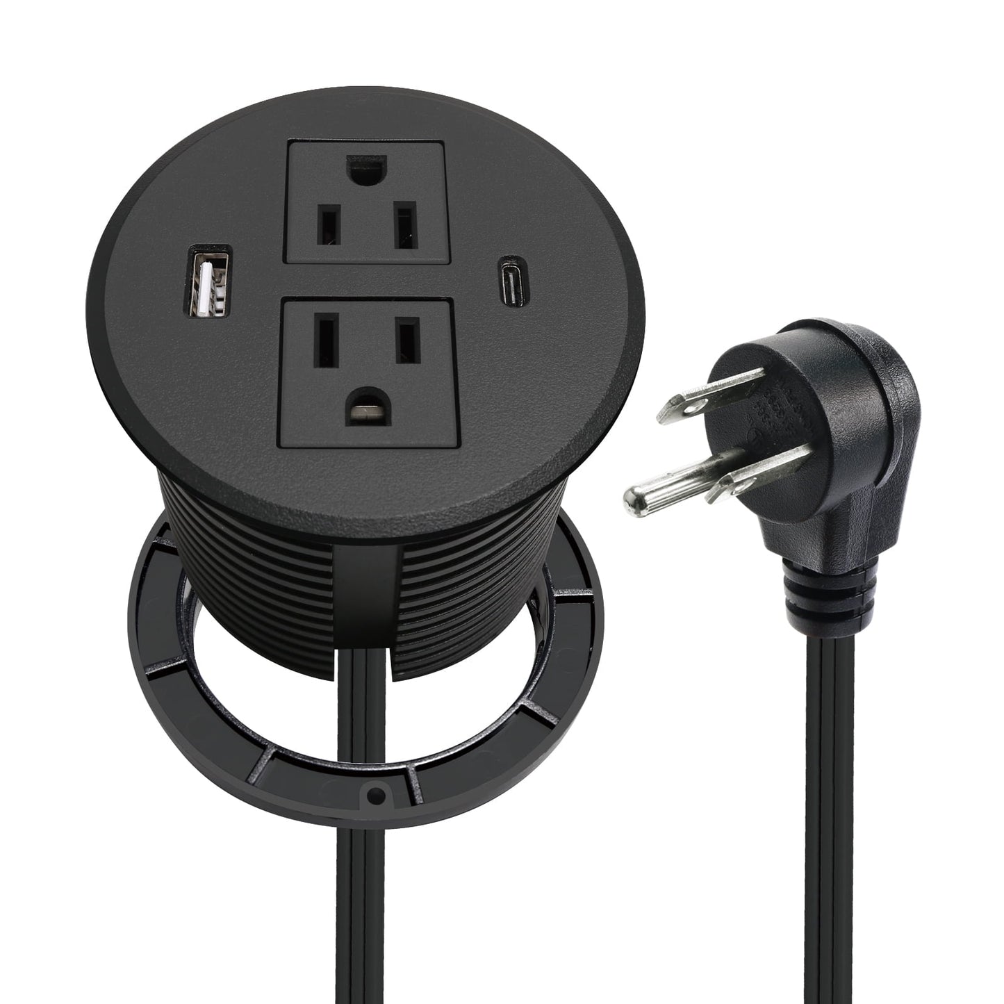 Desk Power Grommet USB C, PD Fast Charge Desktop Power Strip 2 Outlets 2 USB Ports (Total 30W) Recessed Flat Plug Extension Cord Mount into Countertop Shelf Cabinet End Table Black