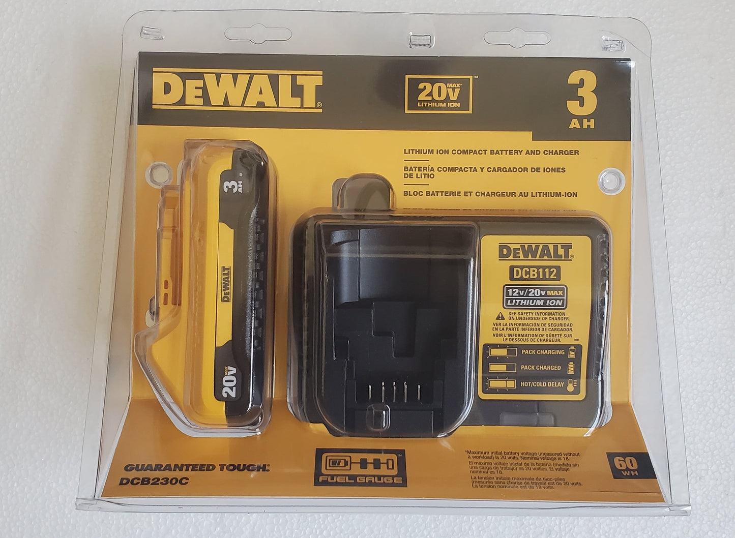 Dewalt 20V MAX Lithium-Ion 3.0 Ah Battery and Charger Kit, 3-LED Fuel Gauge System