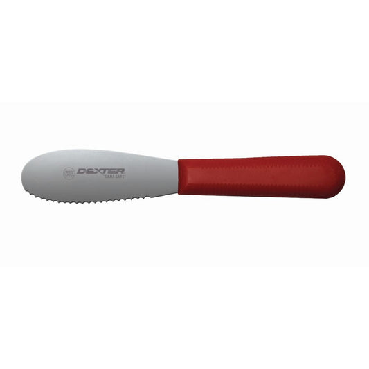 Dexter Sani-Safe® Stainless Steel Sandwich Serrated Spreader with Red Polypropylene Handle - 3 1/2"L Blade