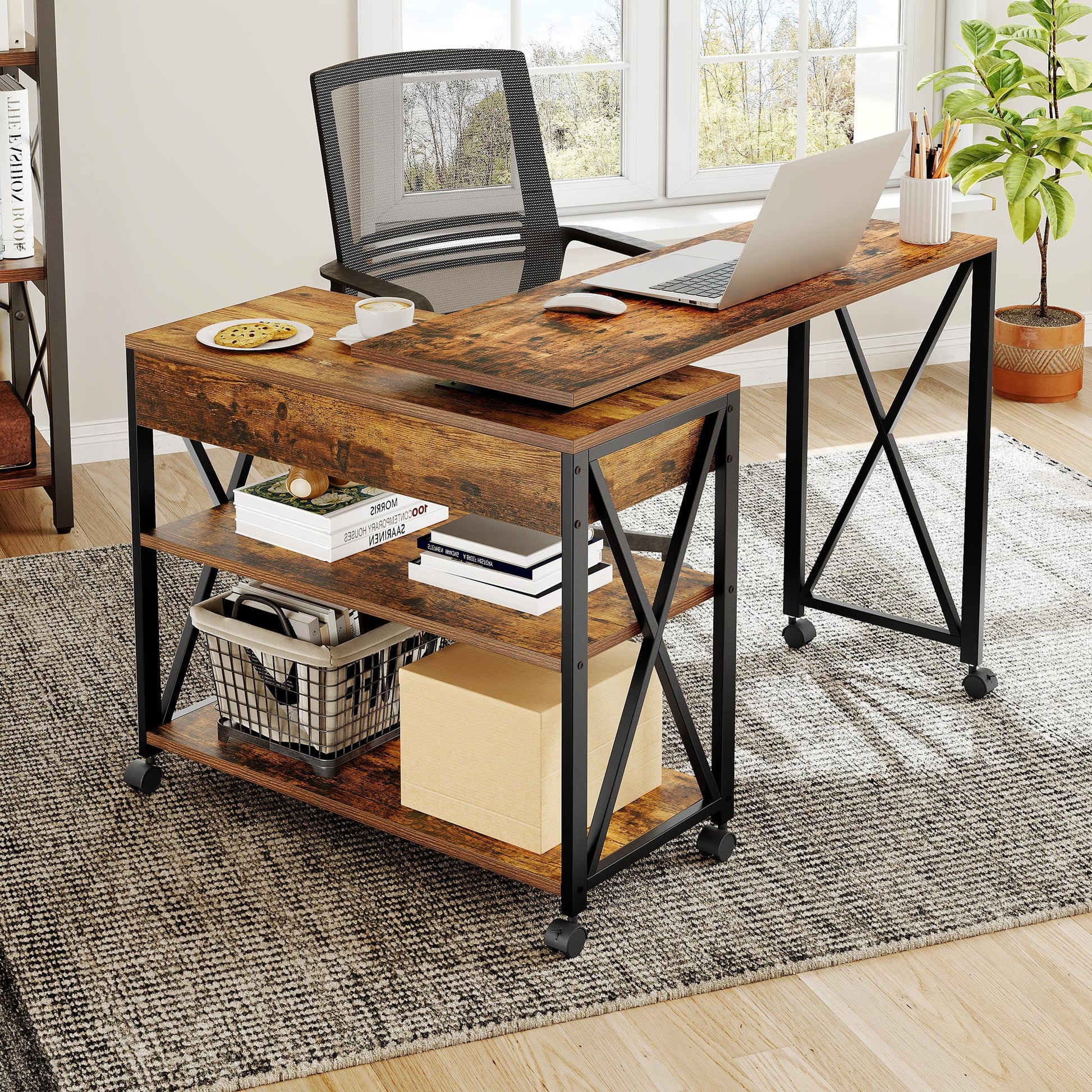 Dextrus 360° Free Rotating Computer Desk, Mobile Writing Table with Drawer and Shelves, Rustic Brown