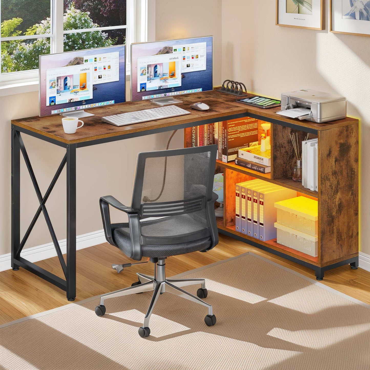 Dextrus L Shaped Desk with LED Light & Power Outlets, 55 inch Reversible Corner Desk with Storage Shelves, Computer Desk Office Desk Executive Desk Writing Desk for Home Office, Brown