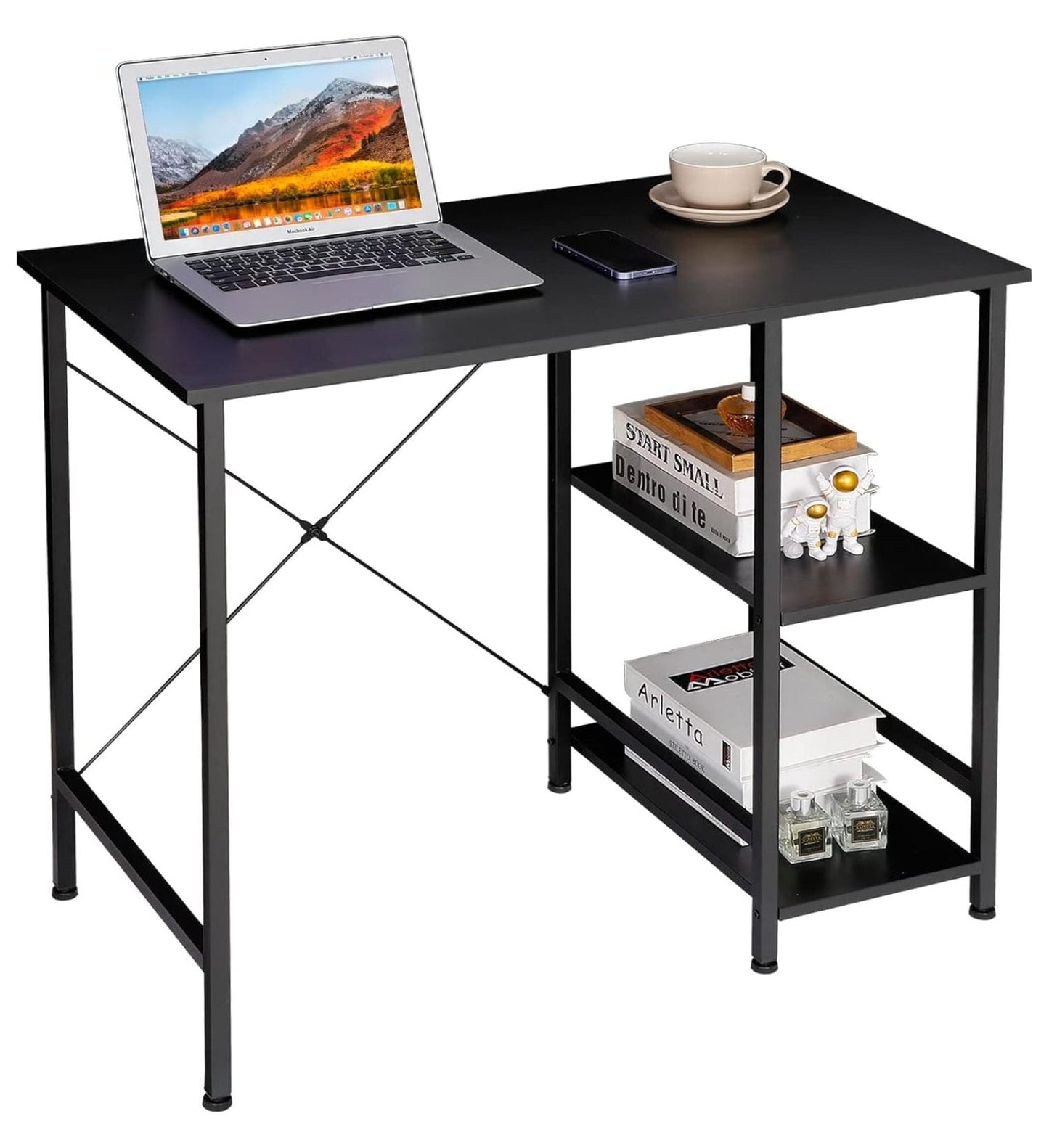 Ditangy Small Computer Desk with Storage Shelves Under Desk Reversible, 36Inch Home Office Writing Desk Table with Shelves for Small Place, Black