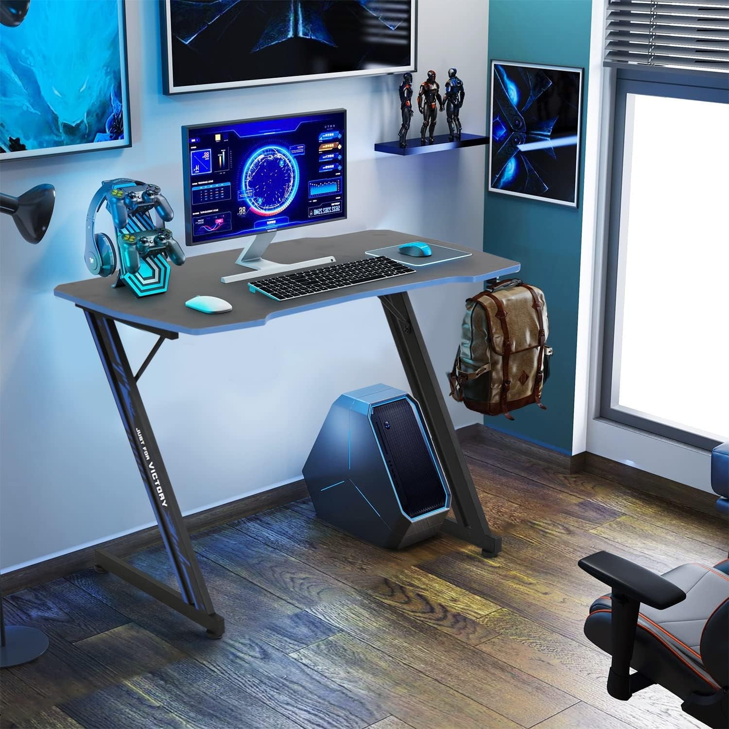 Dkelincs 39.4 inch Z Shaped Gaming Desk Adjustable Height Computer Desk Table with Headphone Hook for Adults, Blue