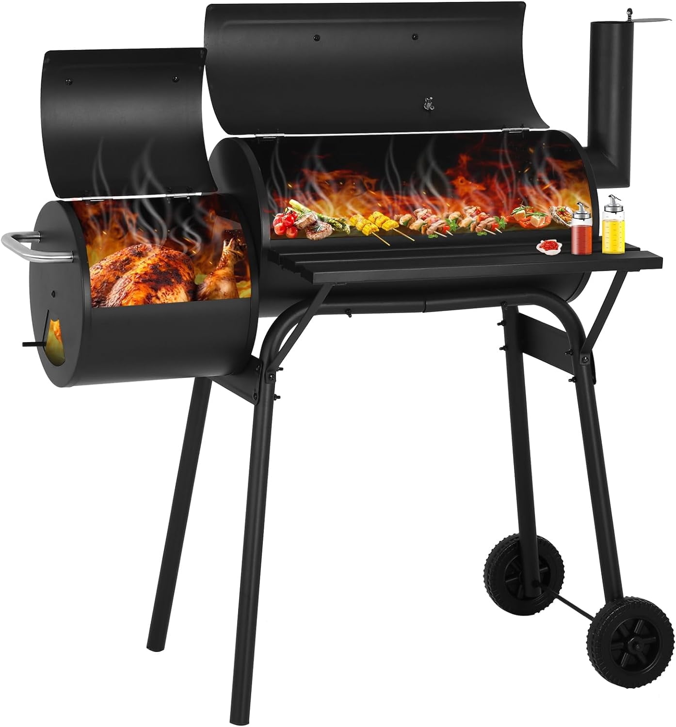 Dkelincs 43" Portable Charcoal Grills with Offset Smoker and Thermometer, Outdoor Barbecue Grill for BBQ Camping Picnic