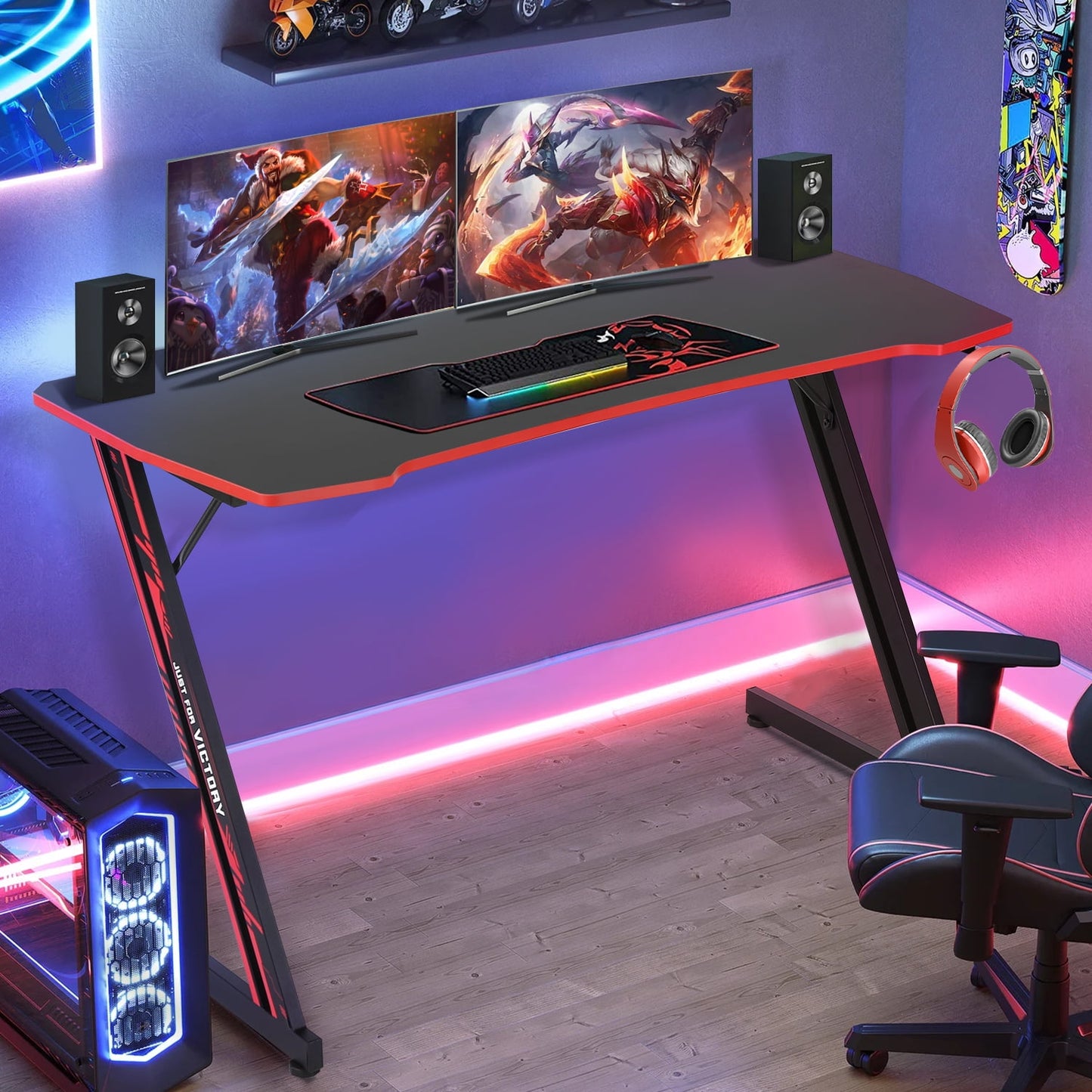 Dkelincs 47 inch Gaming Desk Z-Shaped Computer Desk Home Office Desk with Headphone Hook, Red