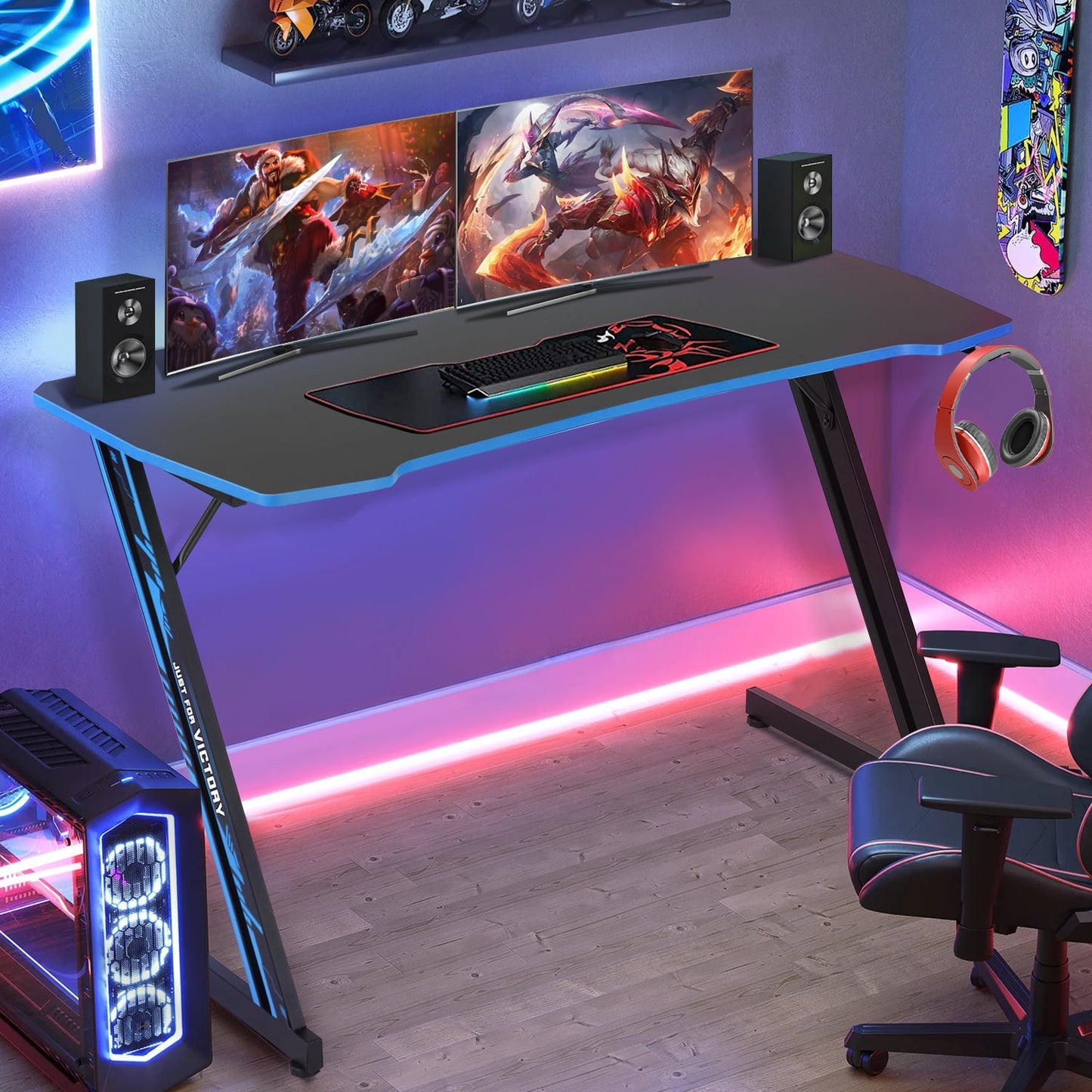 Dkelincs 47 inch Gaming Desk Z-Shaped Computer Desk Home Office Desk with Headphone Hook, Red