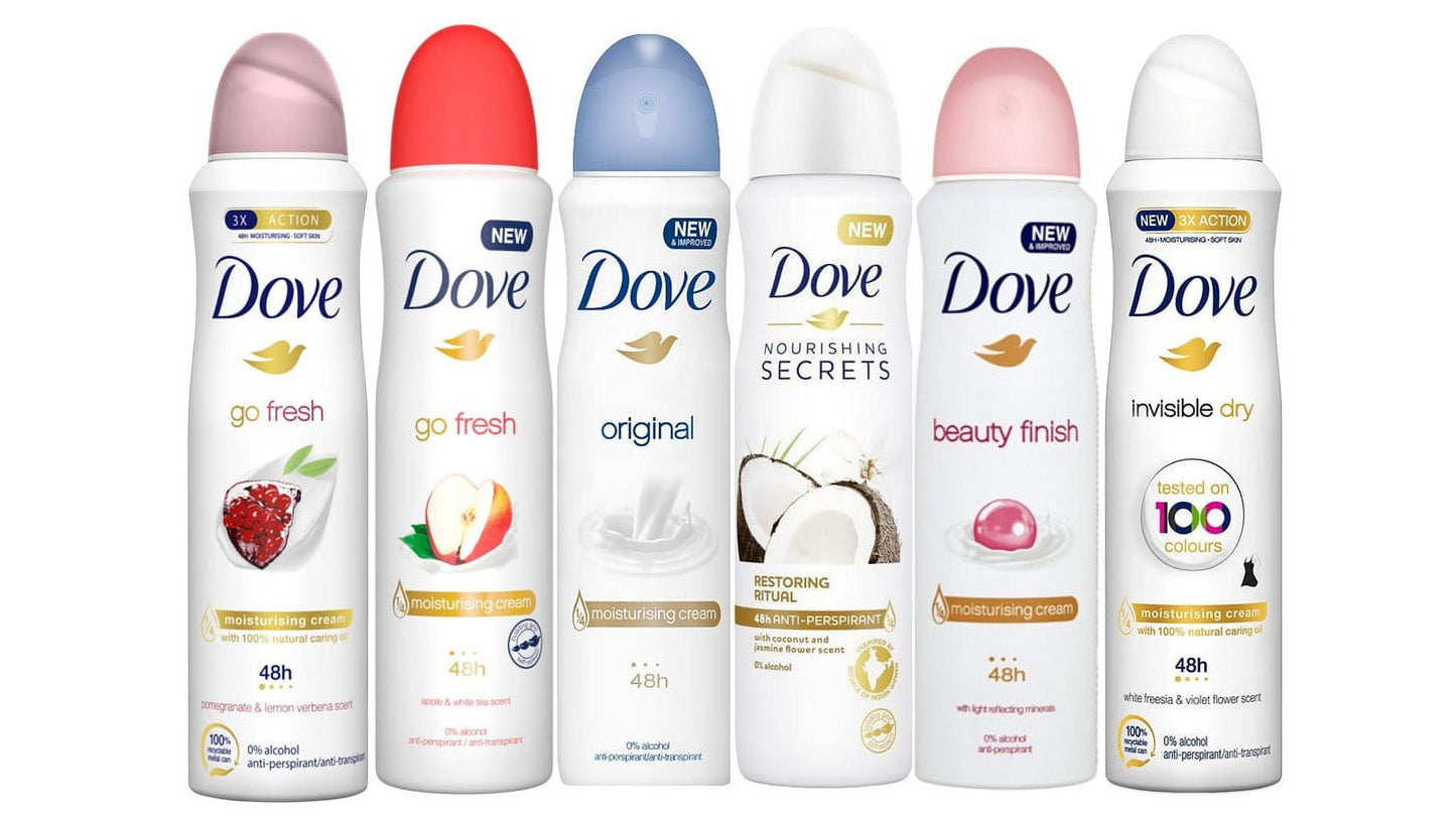 Dove Women Antiperspirant Deodorant Spray Mixed Scents, Alcohol Free, Pack of 6, Each 150 ml (5.07 oz)