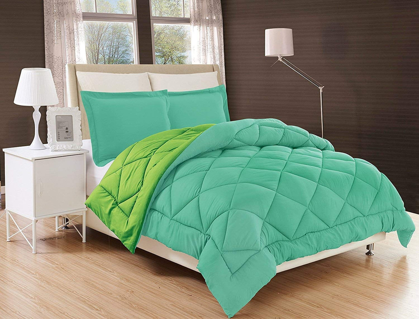 Down Alternative Elegant Comfort 3-Piece Reversible Comforter Set - -King/Cal King, Aqua/Lime