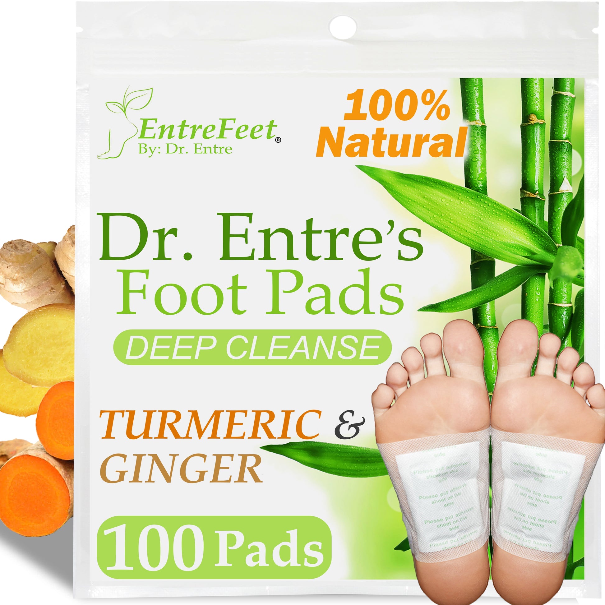 Dr. Entre's Turmeric & Ginger Detox Foot Pads: Deep Cleansing, Foot Detox Patches, Detoxifying Toxins, 100 Pack EntreFeet