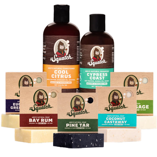 Dr. Squatch Expanded Pack - Men's Natural Shampoo and Conditioner and 5 Bars of Natural Men's Bar Soap - Pine Tar, Bay Rum, Coconut Castaway