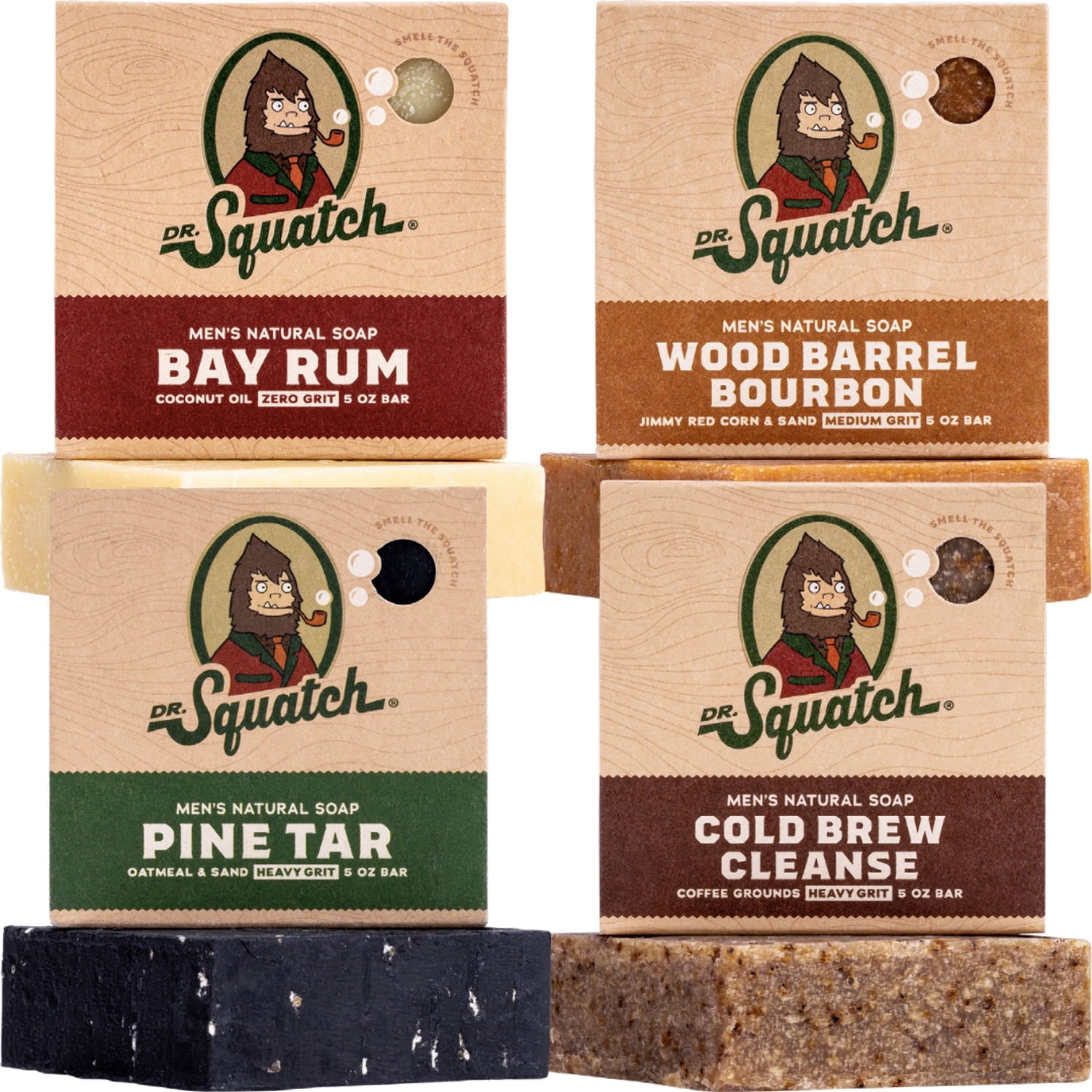 Dr. Squatch Men's Soap Variety 4 Pack - Men's Natural Bar Soap - Pine Tar, Wood Barrel Bourbon, Cold Brew Cleanse, Bay Rum