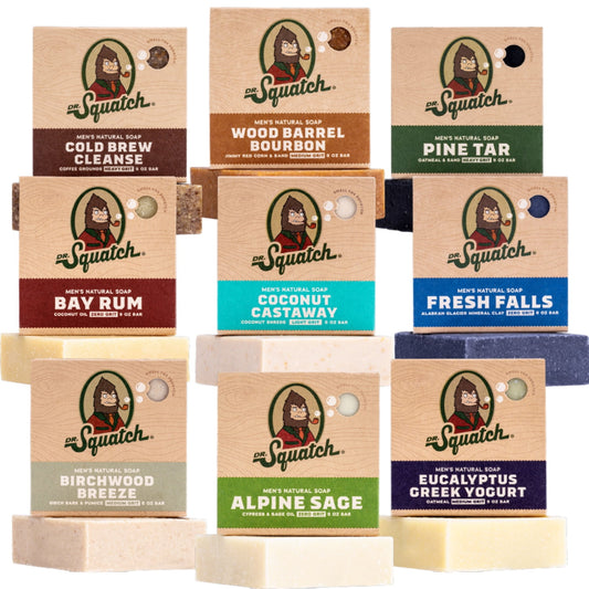 Dr. Squatch Men's Soap Variety 9 Pack - Men's Natural Bar Soap - Pine Tar, Wood Barrel Bourbon, Cold Brew Cleanse, Birchwood Breeze, Bay Rum, Coconut Castaway, Alpine Sage, Fresh Falls