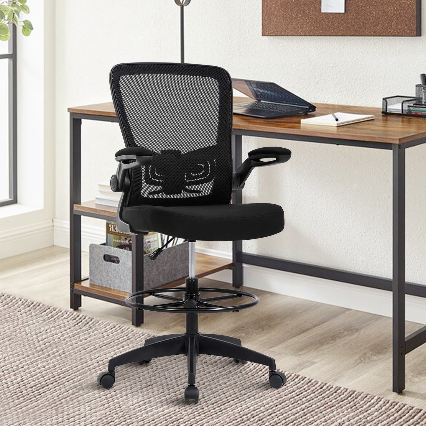 Drafting Chair for Standing Desk, Tall Office Chair with Flip-Up Arm& Foot Ring, Adjustable Height Ergonomic Mid-Back Mesh Drafting Stool, Executive Rolling Chair for Office Home, Black