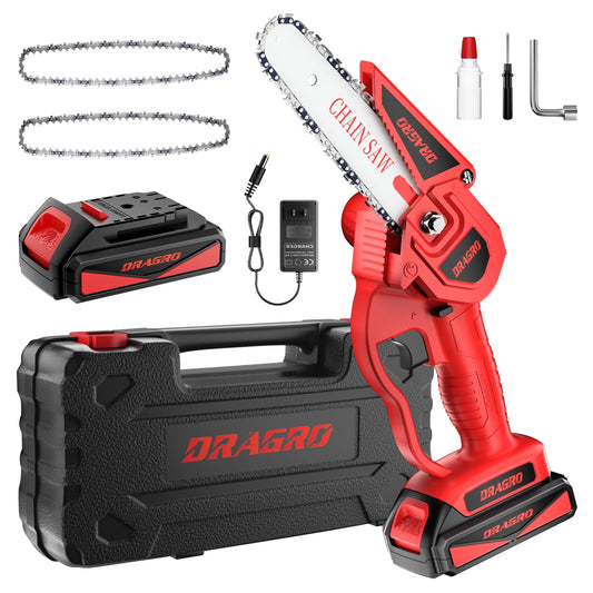 Dragro Mini Chainsaw 6 Inch Cordless Electric Handheld 21V Hand with Rechargeable Battery Powered for Cutting Wood and Branch(Two Chains&One Battery)