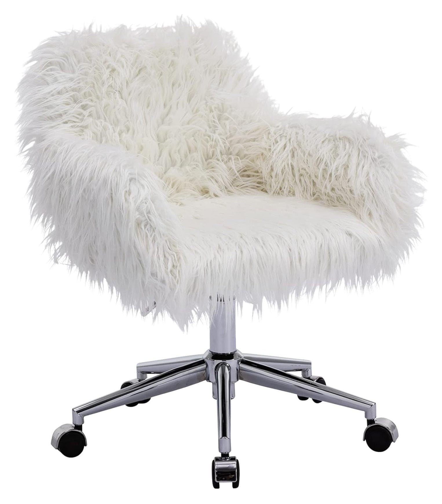 Drevy Fluffy Office Desk Chair, Faux Fur Modern Swivel Armchair with Wheels, Soft Comfy Fuzzy Accent Makeup Vanity Chairs for Women Girls, Home Living Dressing Room Bedroom, White