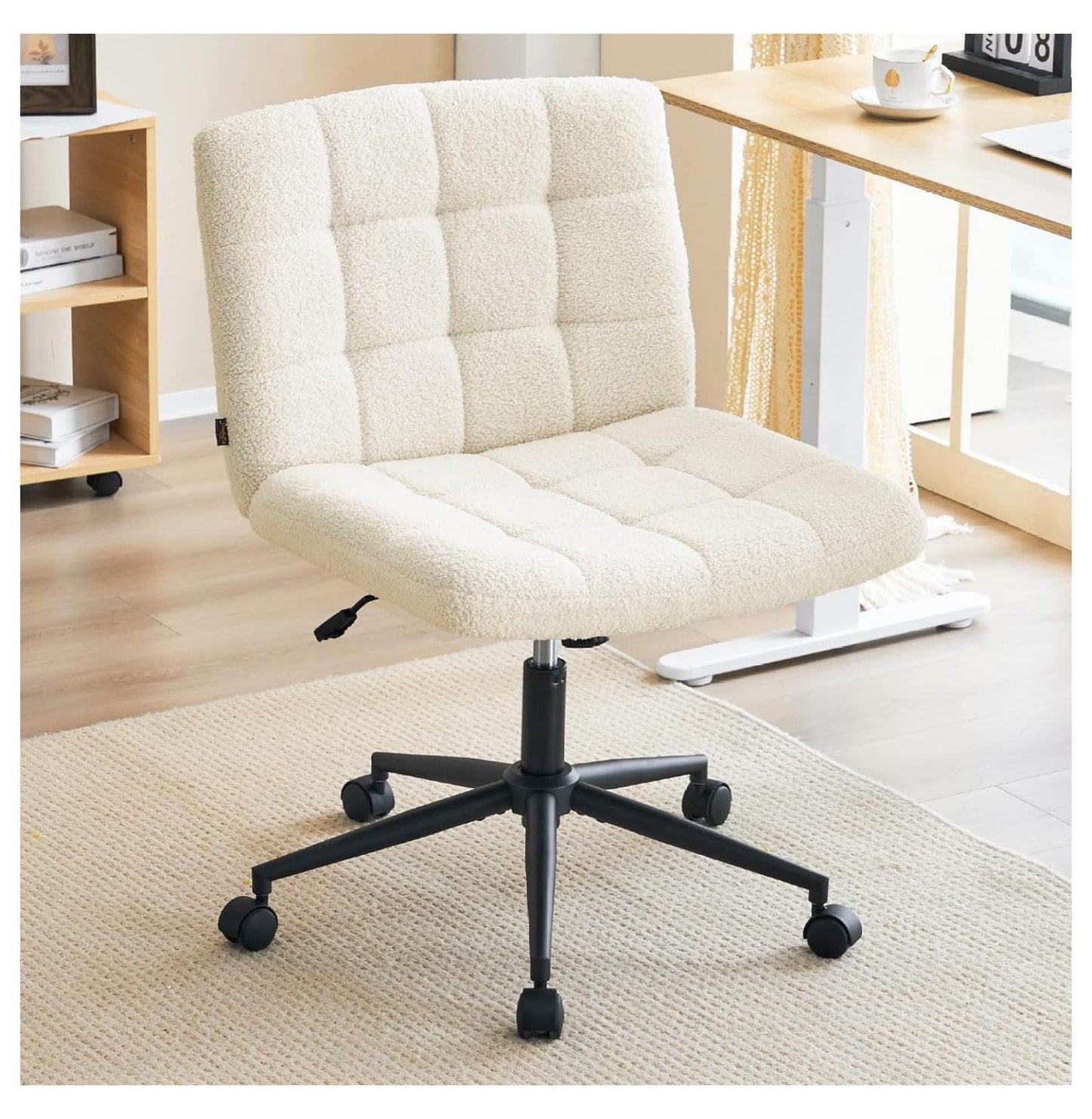 Drevy Wide Armless Desk Chair with Wheels, Back Swivel Criss Cross Chair for Home Office, Height Adjustable Wide Seat Home Office Task Chairs, Faux Fur White