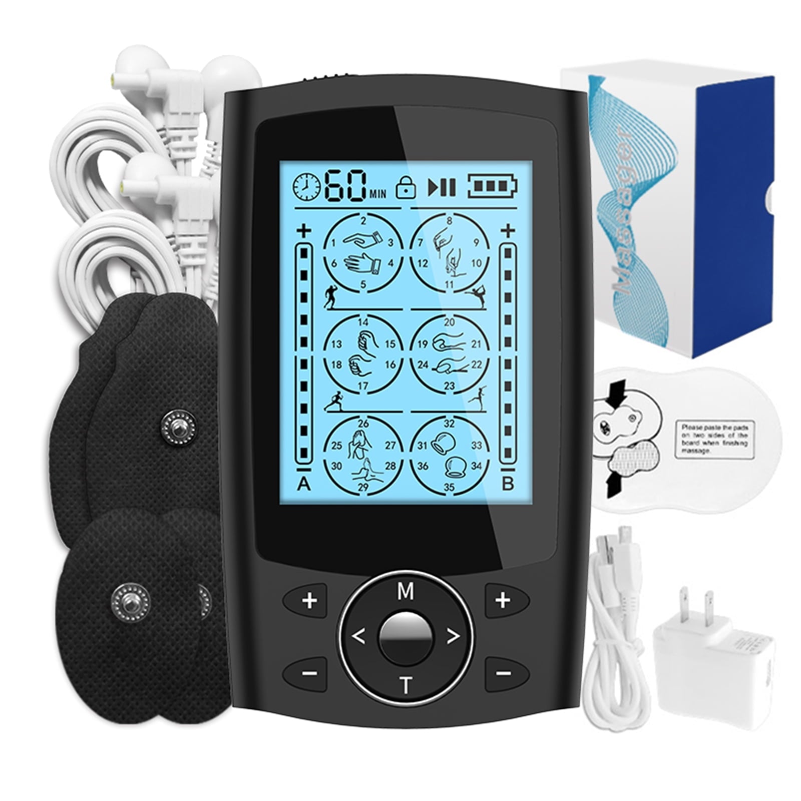 TENS Unit Muscle Stimulator - Rechargeable & Portable Dual Channel EMS Back Massager with 36 Modes & 10 Replacement Pads