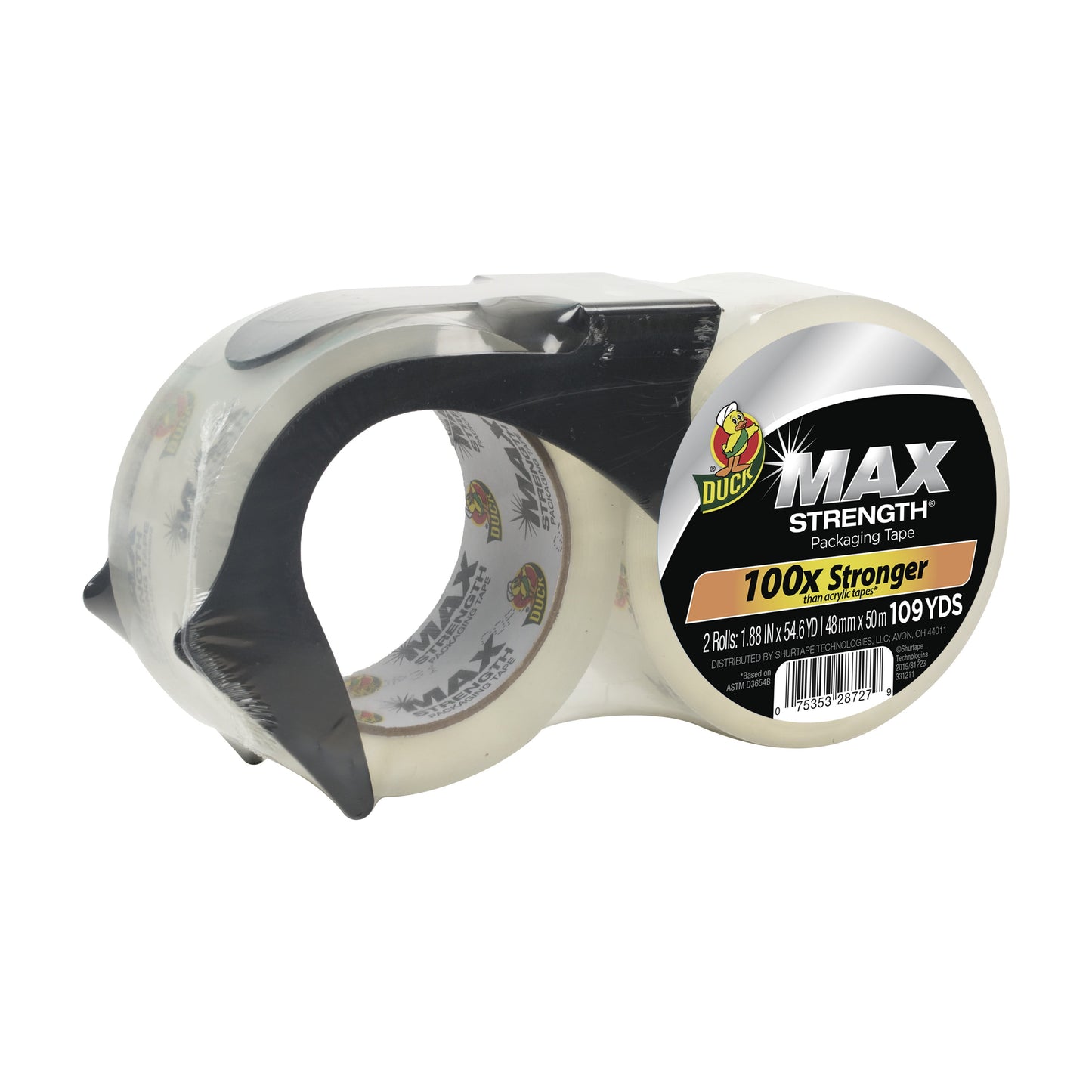 Duck Max Strength Packing Tape with 1 Dispenser, 1.88 in x 55 yd, Clear, 2 Refill Rolls