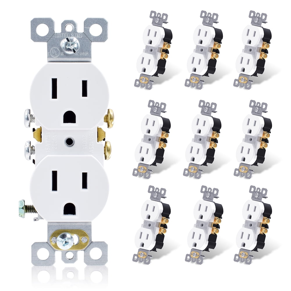 ELEGRP Duplex Receptacle, 15A 125V Standard Electrical Wall Outlet, 2 Pole 3 Wire, Non- tamper Resistant, NEMA 5-15R, Self-Grounding Residential Grade Outlet, UL List,Glossy White, 10 Pack