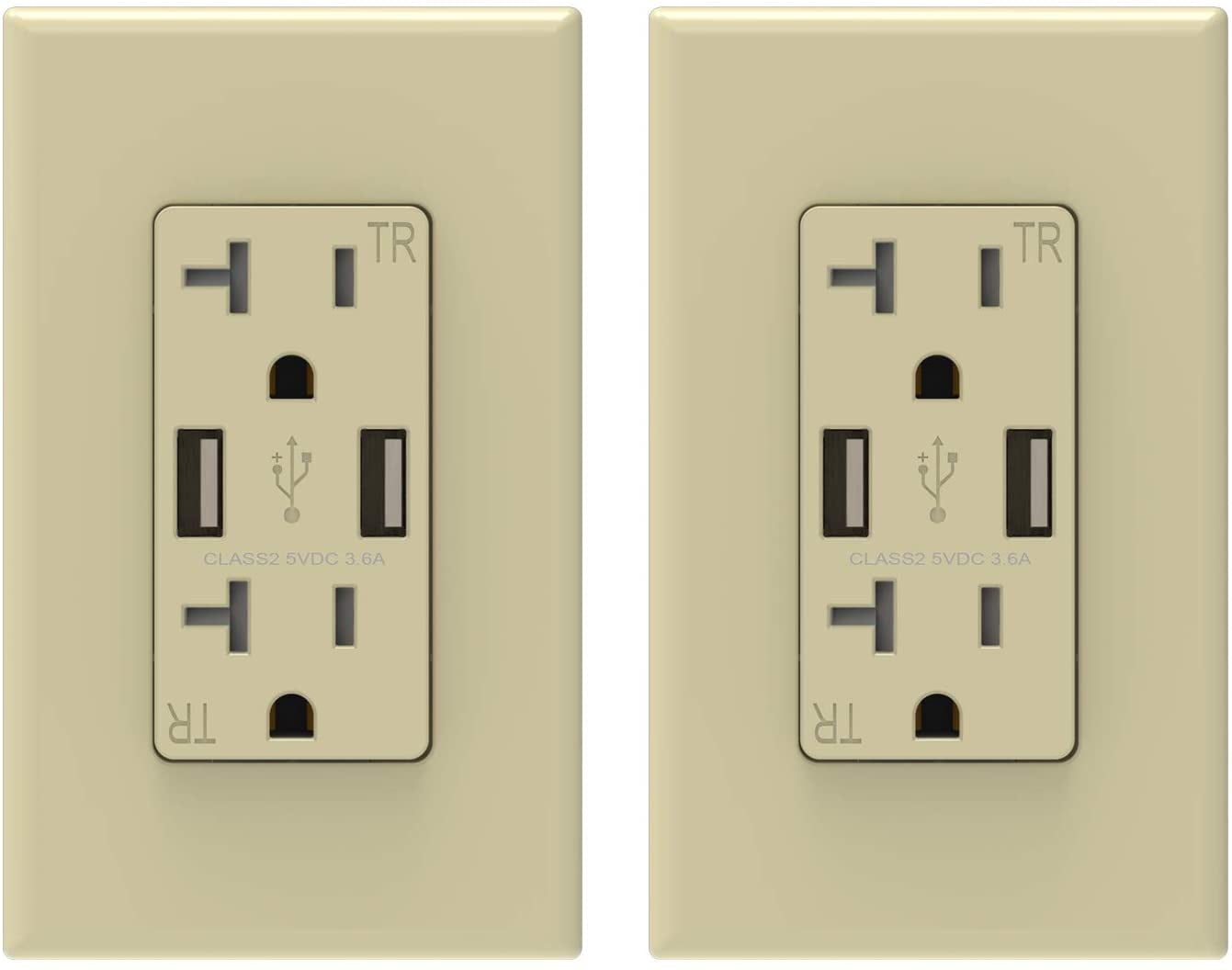 ELEGRP USB Wall Outlet, Dual 3.6 Amp USB Ports, 20 Amp Duplex Tamper Resistant Receptacle Plug, Screwless Wall Plate Included (2 Pack,Ivory)