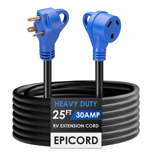 EPICORD 25Ft 30Amp RV Extension Cord with Polarity LED Light 10/3 Gauge-Blue