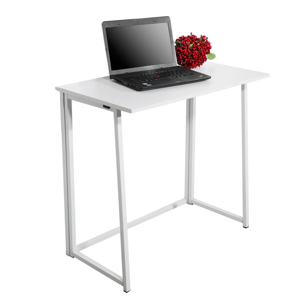 EasingRoom Folding Writing Computer Desk White for Small Space, Foldable Laptop Table Workstation Writing Table Wood with Metal Frame