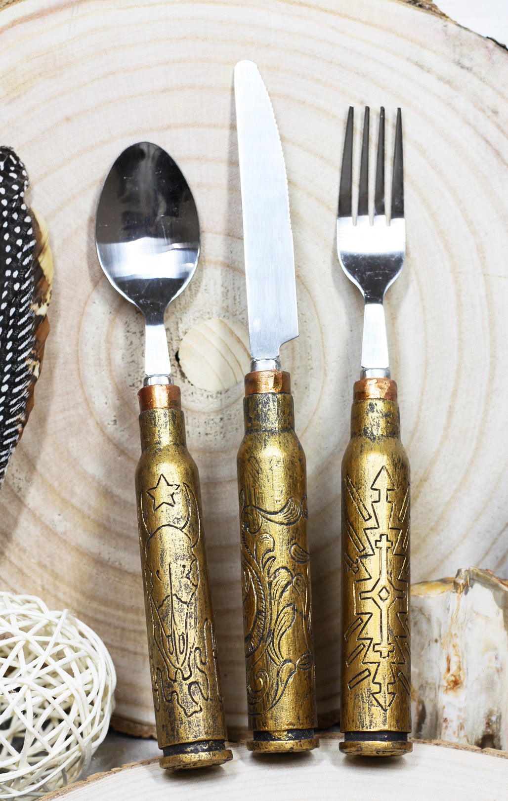 Ebros Flatware 1 Spoon Fork Knife Set Western Hunter Shell Casing  Design Home Decor