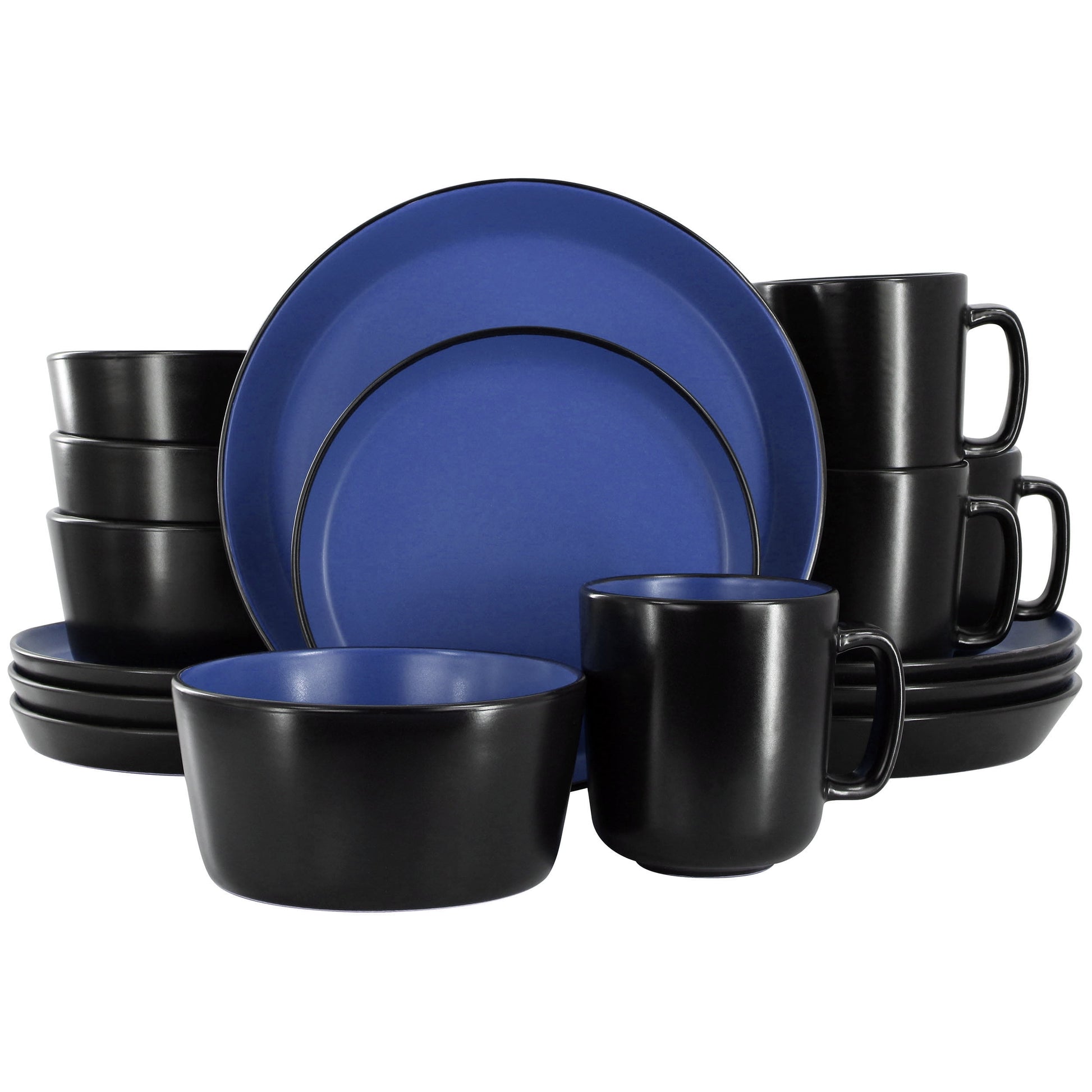 Elama 16 Piece Stoneware Dinnerware Set in Two Tone Black & Blue