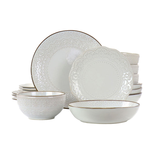 Elama Countess 16 Piece Embossed Double Bowl Stoneware Dinnerware Set in Ivory