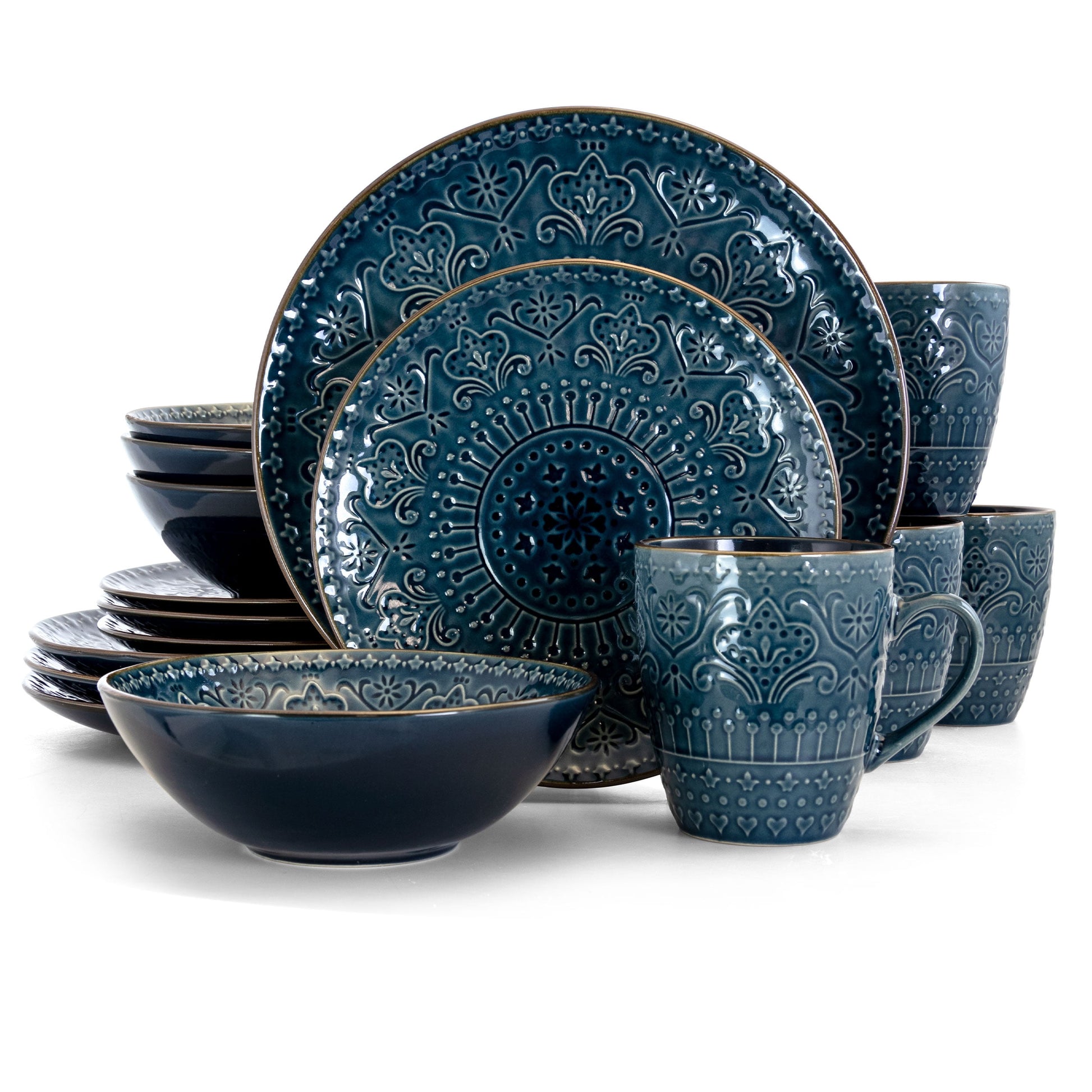 Elama Deepsea Mozaic 16 Piece Round Stoneware Dinnerware Set in Sea Blue