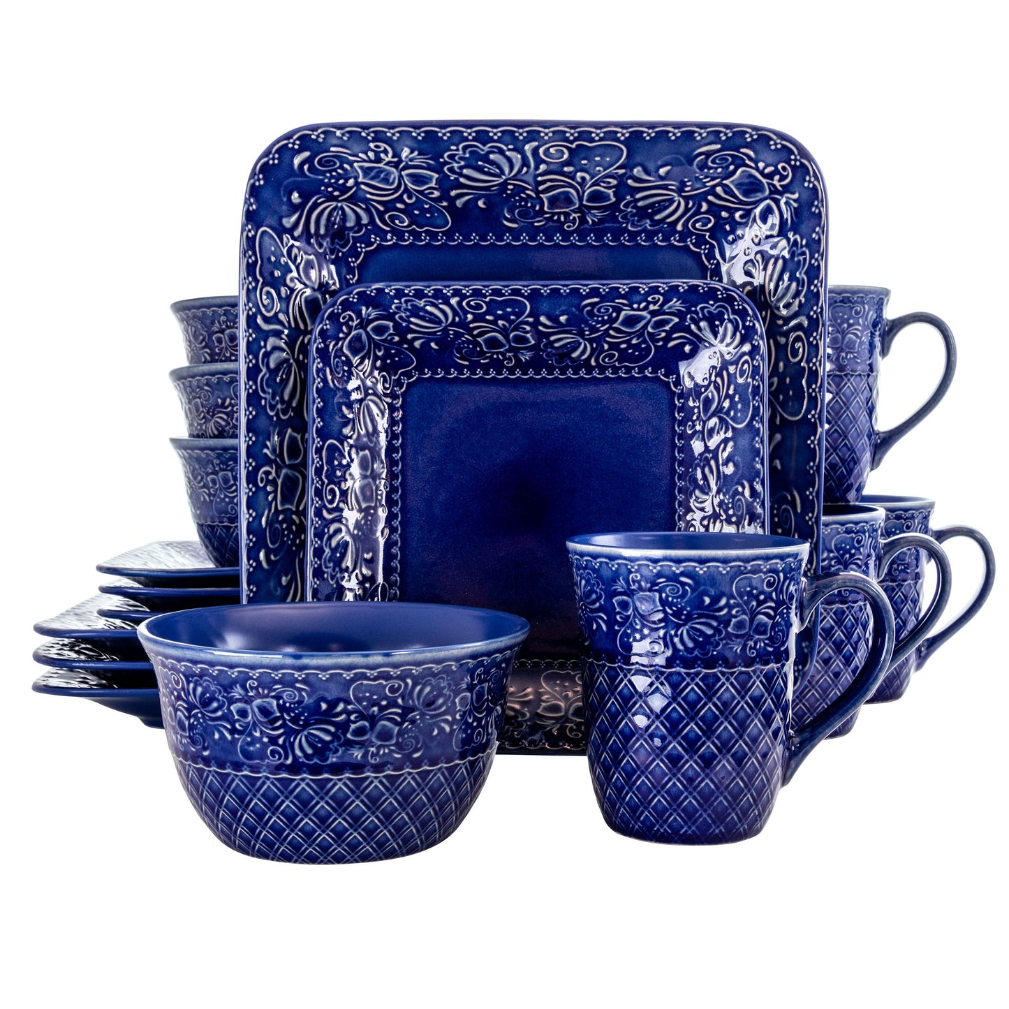 Elama Indigo Lotus 16 Piece Square Stoneware Dinnerware Set