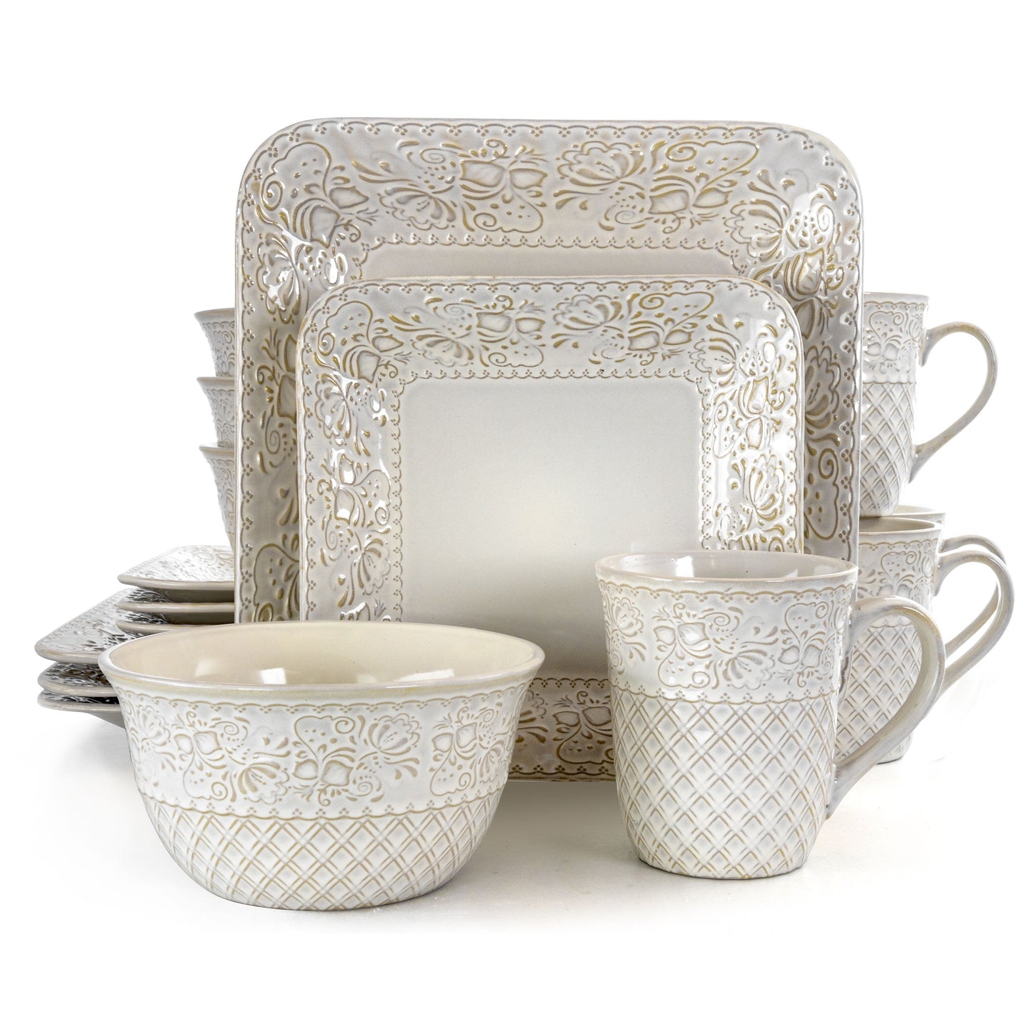 Elama Ivory Lotus 16 Pieces Square Dinnerware Set