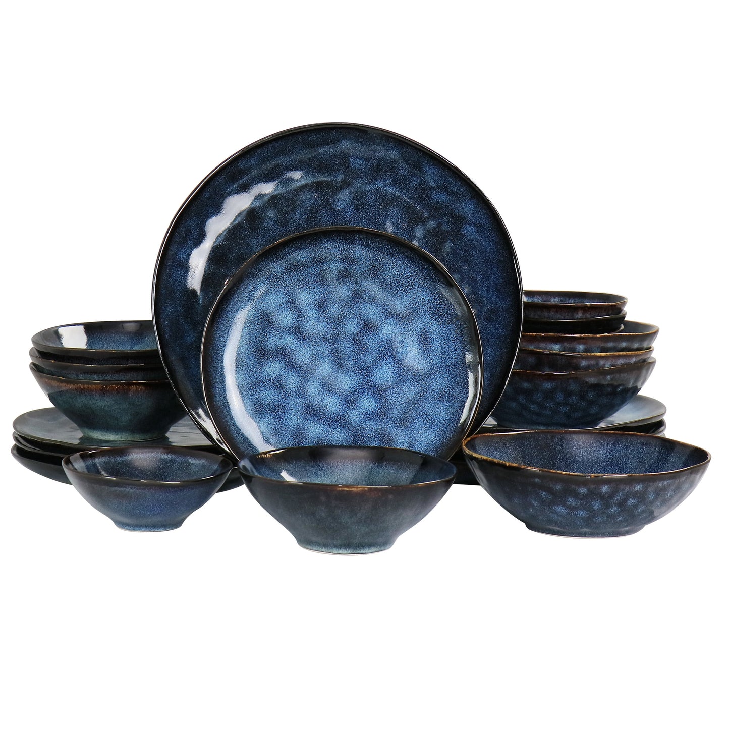 Elama Lucca 20 Pieces Round Stoneware Triple Bowl Dinnerware Set in Blue