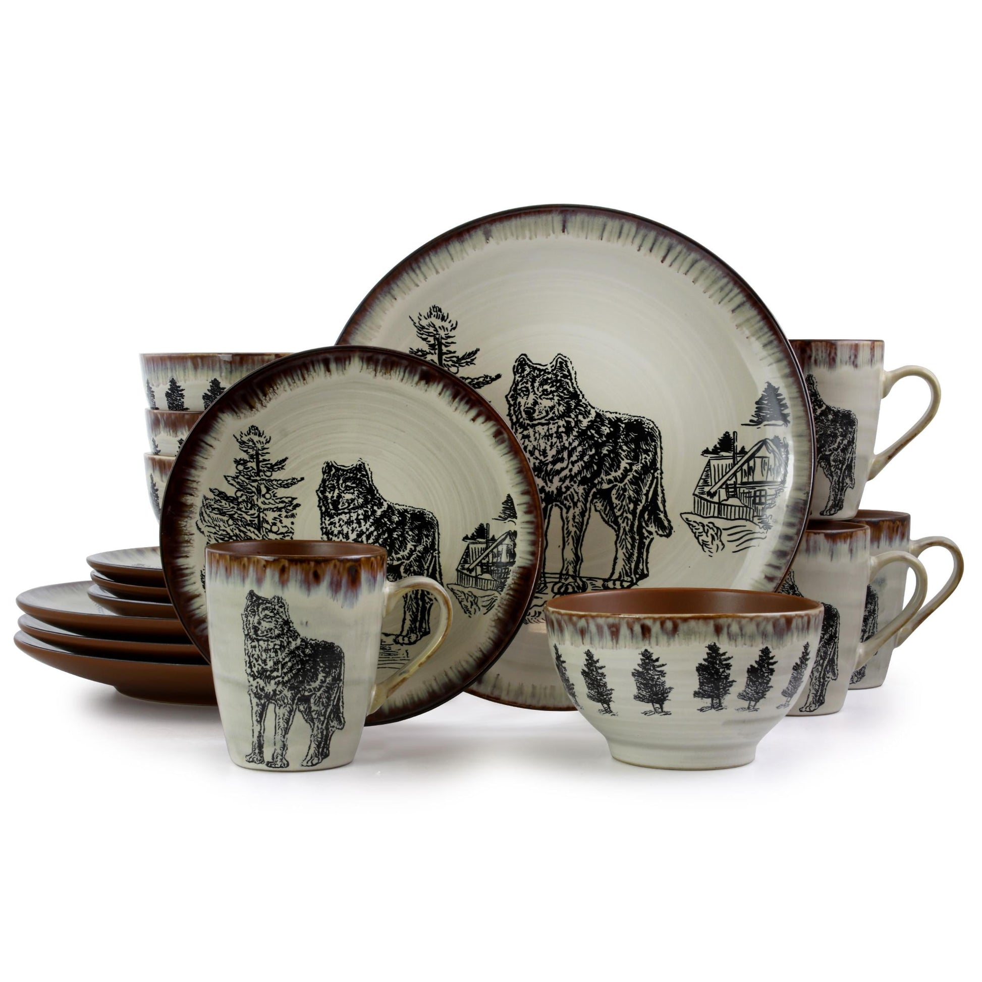 Elama Majestic Wolf 16 Piece Round Stoneware Dinnerware Set in Taupe