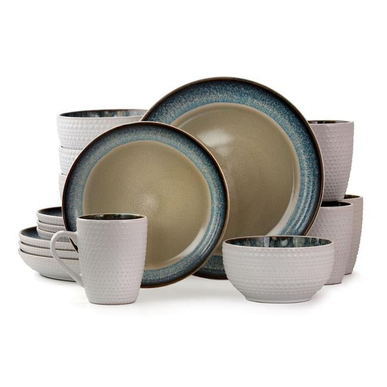 Elama Modern Dot 16 Piece Stoneware Dinnerware Set in Taupe with Blue Trim