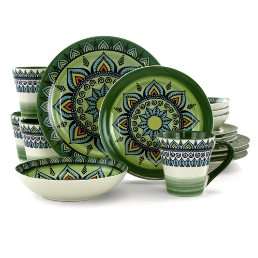 Elama Zen Green Mozaki 16 Piece Round Stoneware Dinnerware Set