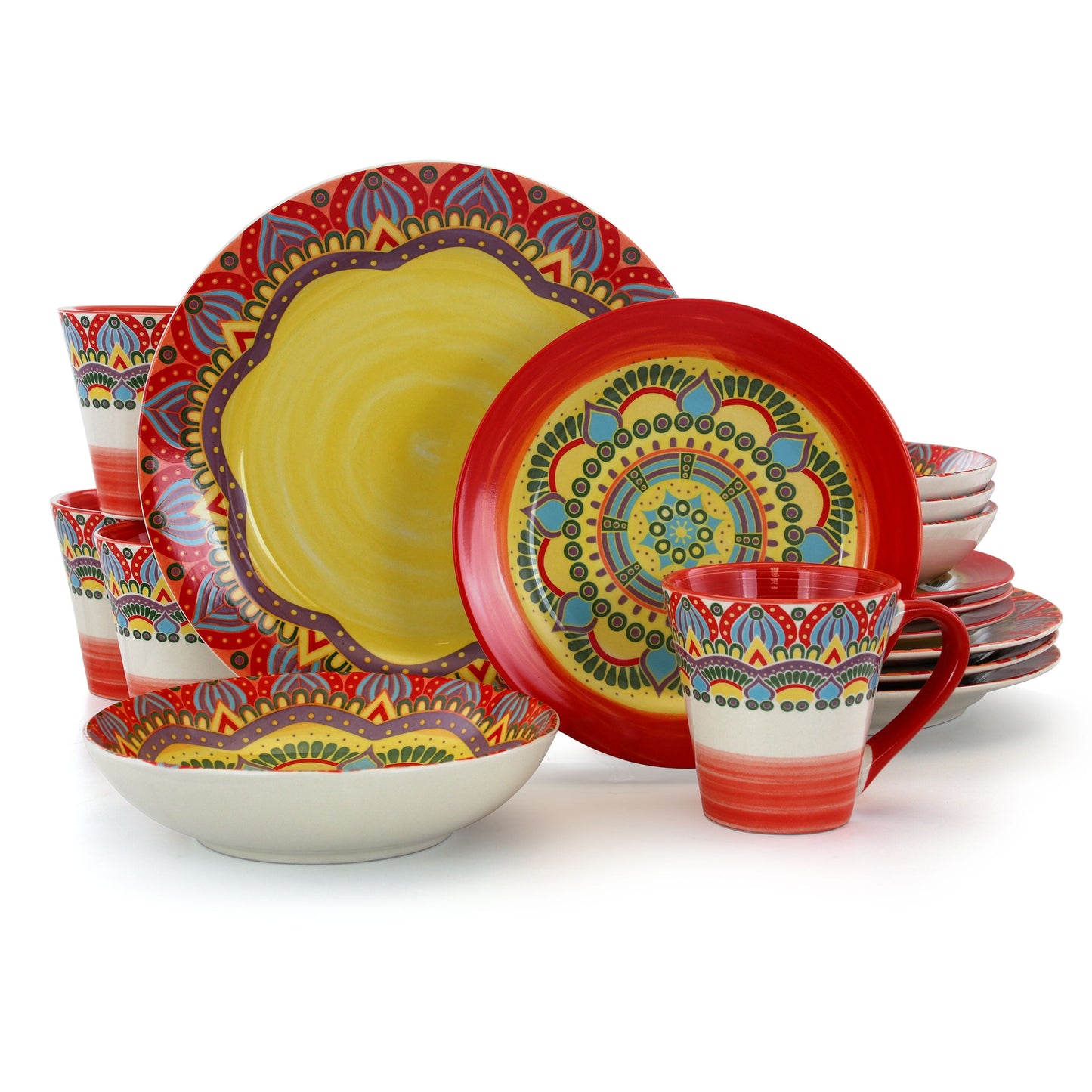 Elama Zen Red Mozaik 16 Pieces Round Stoneware Dinnerware Set